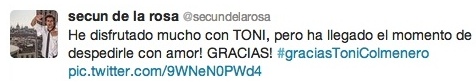 Tweet de Secun de la Rosa anunciando su despedida de 'Aída'