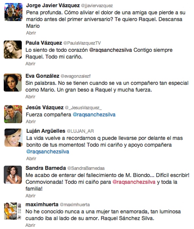 Los famosos mandan mensajes de apoyo a Raquel Sánchez silva a través de Twitter