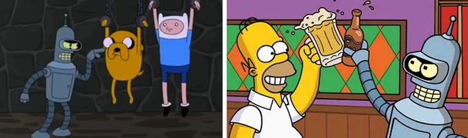 Bender con Finn y Jake en 'Futurama'. Homer y Bender bebiendo en el bar de Moe
