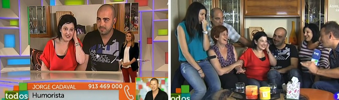 Jorge Cadaval entra en directo en 'Entre todos'. Raquel y su familia durante el programa.