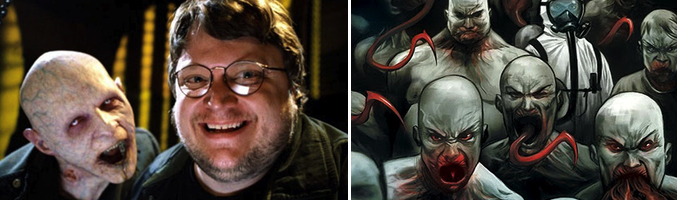 Guillermo del Toro con una de las criaturas y una imagen del comic "The Strain"