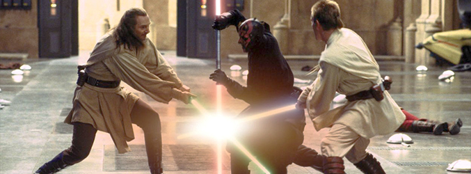 Qui-Gon Jinn y Obi-Wan Kenobi se enfrentan a Darth Maul en "La amenaza fantasma"