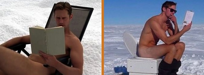 Alexander Skarsgard en 'True Blood' (izda.), en la Antártida (dcha.)