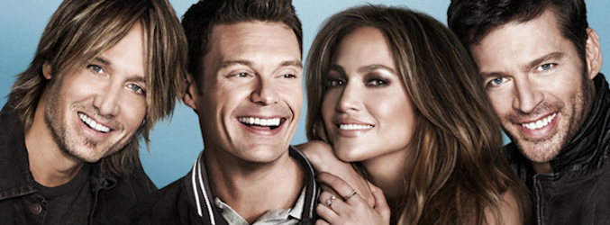 Keith Urban, Ryan Seacrest, Jennifer Lopez y Harry Connick Jr. en una imagen promocional de la decimotercera temporada de 'American Idol'