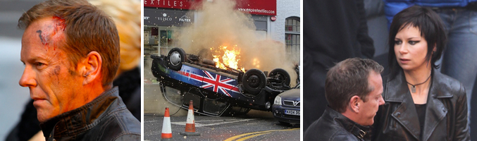 Imágenes de Jack Bauer herido, un coche ardiendo dado la vuelta y Bauer junto a Chloe O&#39;Brian