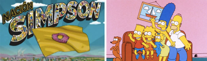 Bandera de la "Nación Simpson". A la derecha, la familia Simpson