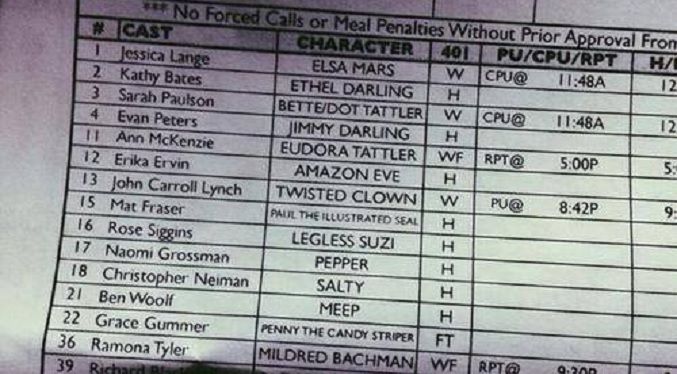 Supuesta hoja de rodaje de 'American Horror Story: Freak Show'