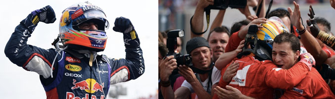 Ricciardo gana el GP de Hungría. A la derecha, Fernando Alonso celebra con los suyos el segundo puesto