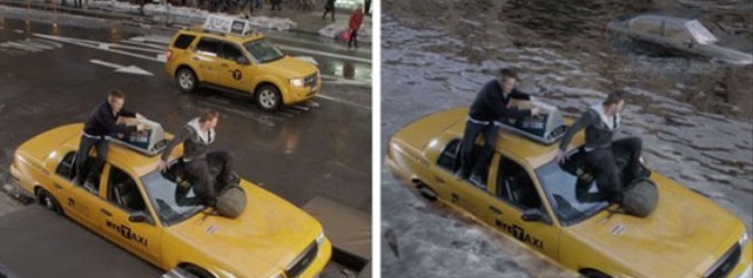 El agua fue recreada en la escena del rescate desde el taxi