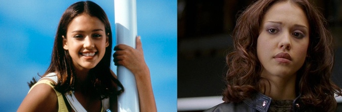 Jessica Alba en 'Las nuevas aventuras de Flipper' (izq) y en 'Dark Angel' (dcha)