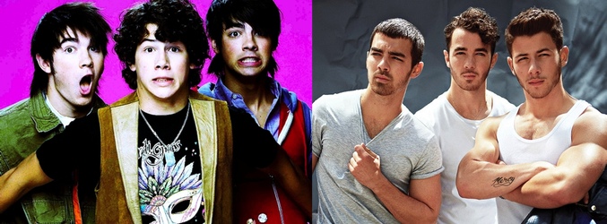 Los Jonas Brothers en 2005 (izq) y en la actualidad (dcha)