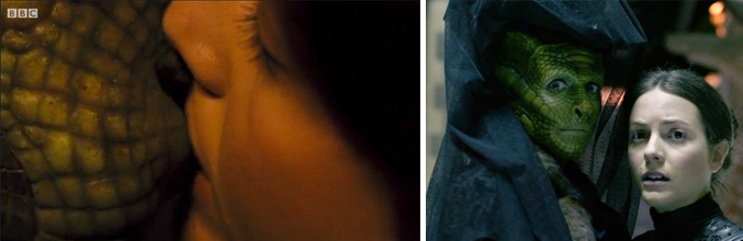 Beso lésbico entre Madame Vastra (Neve McIntosh) y Jenny Flint (Catrin Stewart)