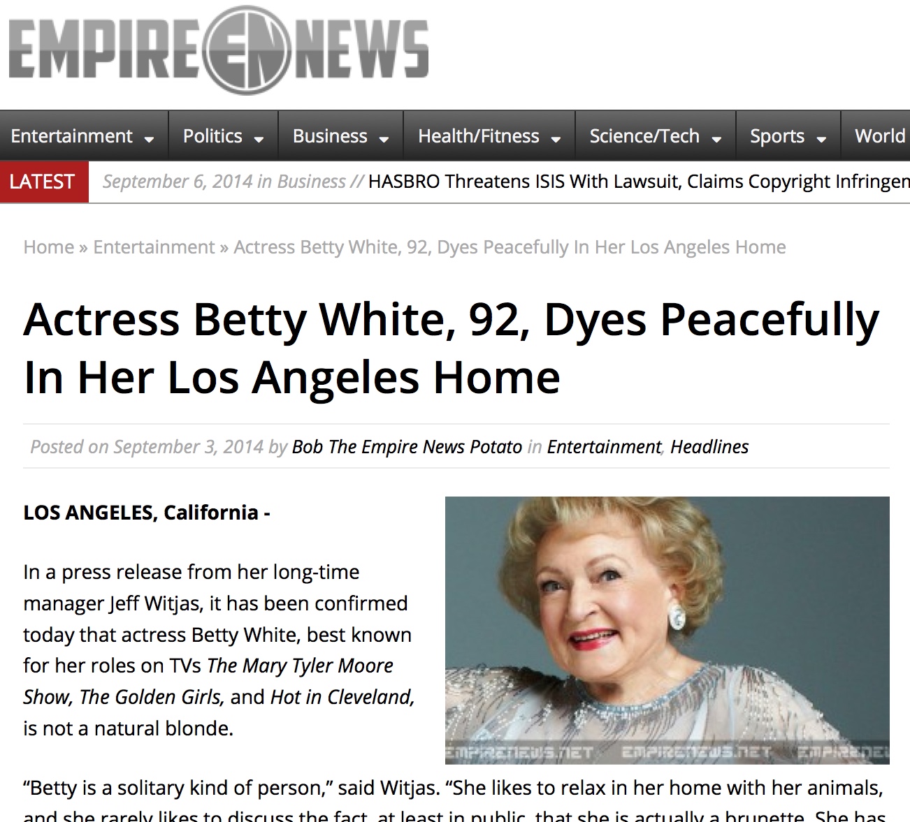 Artículo con la falsa muerte de Betty White