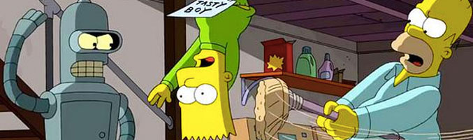 Bender y Homer azotan a Bart en el sótano de la casa de los Simpson
