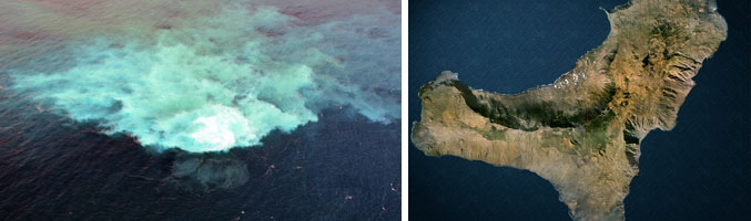 Erupción submarina y a la derecha la isla de El Hierro