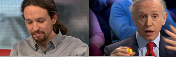 Pablo Iglesias y Eduardo Inda, con el pin de la bandera de España