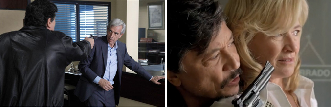 El Chino (Carlos Bardem) amenazando a los Alcántara