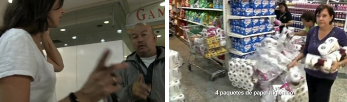 Seguridad impide grabar en el supermercado. A la derecha, clientes comprando productos racionalizados