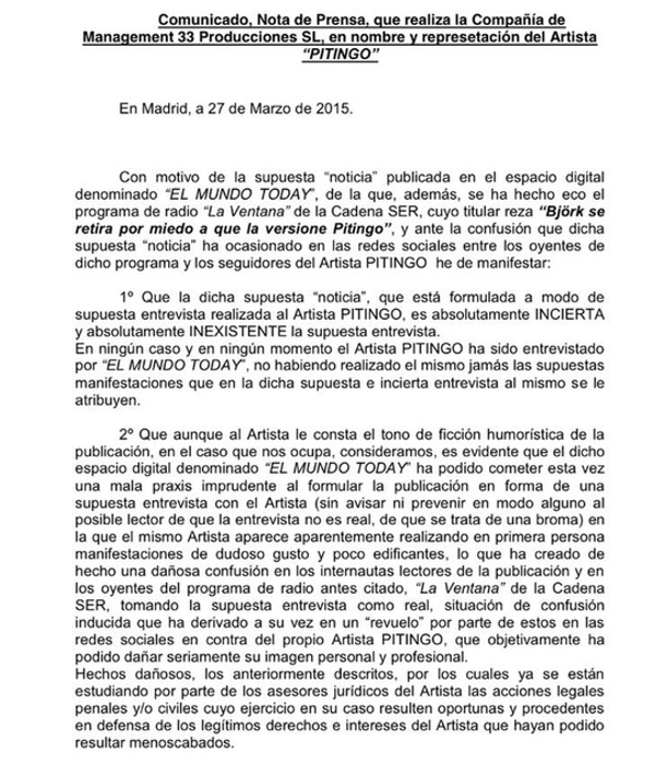 El comunicado de Pitingo