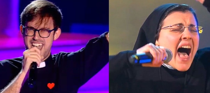 Padre Damián y Sor Cristina concursando en 'La Voz'
