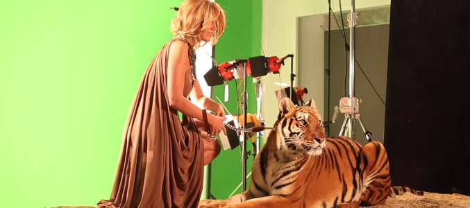 Edurne y la tigresa Noa durante el rodaje de "Amanecer"