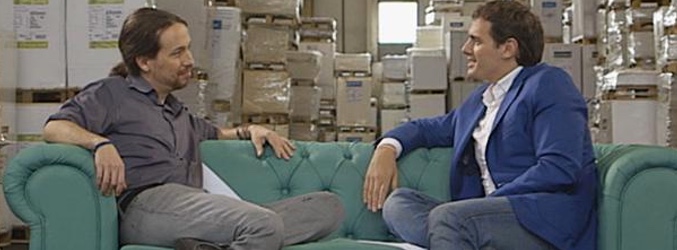 El montaje del cara a cara entre Pablo Iglesias y Albert Rivera en 'Viajando con Chester'