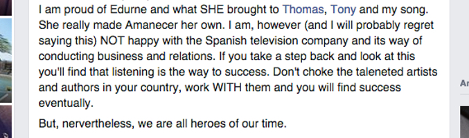 Mensaje de Peter Boström en Facebook