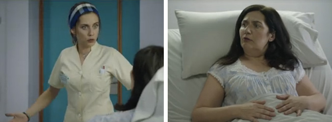 Carmen (María León), caracterizada de Mentxu, la enfermera vasca. A la derecha, Maritxu, despierta