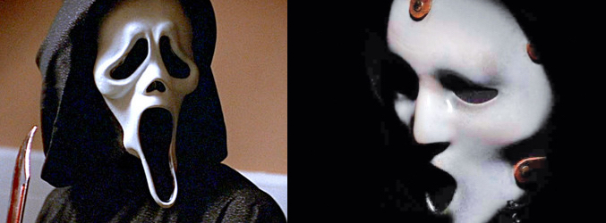 La máscara de "Scream", a la izquierda, frente a la máscara de la serie, a la derecha