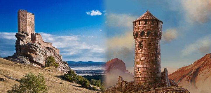Castillo de Zafra (España) y dibujo de la Torre de la Alegría
