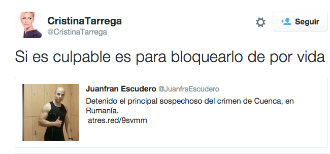 Cristina Tárrega lo tiene claro: bloquearía en Twitter al presunto asesino de Cuenca