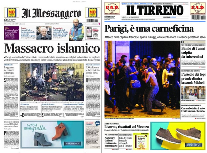 Portadas en Italia del acto terrorista en París
