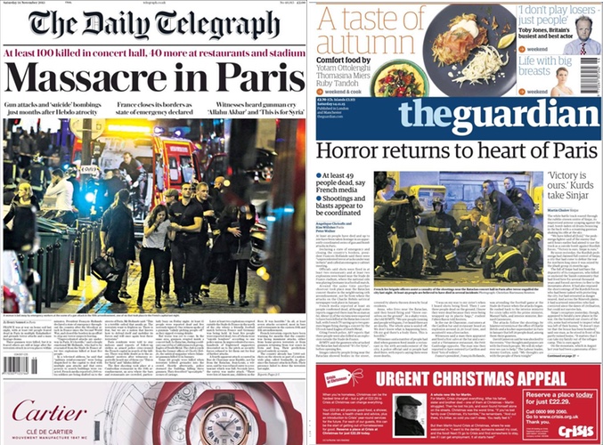 Portadas en Reino Unido del acto terrorista en París