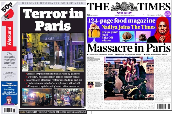 Portadas en Reino Unido del acto terrorista en París