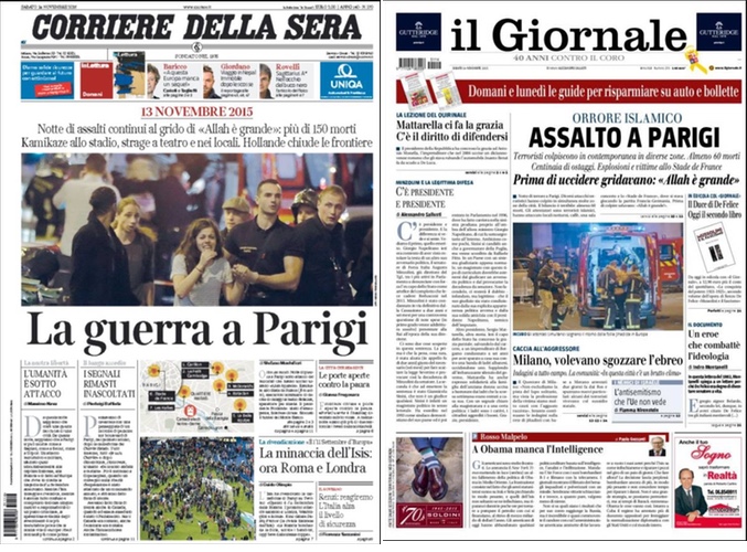 Portadas en Italia del acto terrorista en París