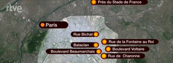 Localización de los siete ataques terroristas de París de la noche del viernes