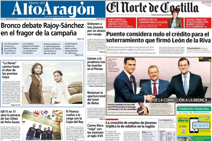 Portada de Diario del AltoAragón y de El Norte de Castilla