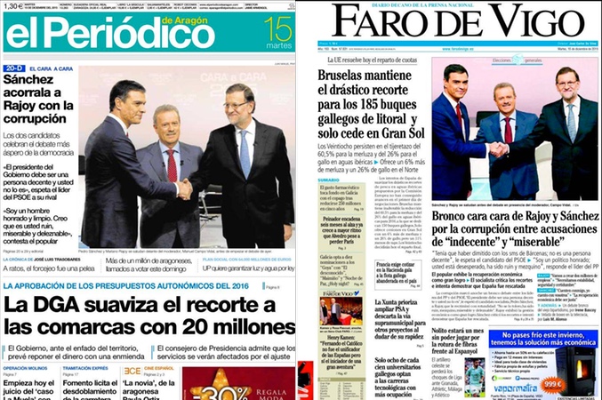 Portada de el Periódico de Aragón y de Faro de Vigo