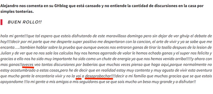 Alejandro expresa sus sentimientos con las peleas de la casa en el blog