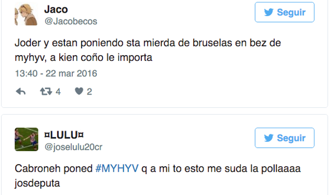  src="https://www.formulatv.com/images/noticias/54500/54538/3_2fb6a980a8.jpg##677##600"/></div><p><blockquote class="twitter-tweet" data-lang="es"><p lang="es" dir="ltr"><a href="https://twitter.com/hashtag/myhyv?src=hash">#myhyv</a> que no me lo toquen!<br>Que quiten el puto cambiame, con la mierda de los atentados cojones.</p>? Wirisss. (@iris_wiris21) <a href="https://twitter.com/iris_wiris21/status/712251883755335680">22 de marzo de 2016</a></blockquote><blockquote class="twitter-tweet" data-lang="es"><p lang="es" dir="ltr">no, pero ahora en serio. deberían hablar del atentado en las noticias, que es el sitio idóneo y que dejen <a href="https://twitter.com/hashtag/myhyv?src=hash">#myhyv</a>, que hay gente que lo ve.</p>? shvngxhai (@dvsperado) <a href="https://twitter.com/dvsperado/status/712251866562879489">22 de marzo de 2016</a></blockquote><div class="imgnctxt"><img loading="lazy" alt=