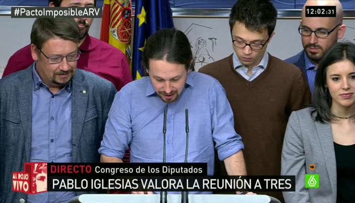 Pablo Iglesias durante su comparecencia tras su reunión &quot;a tres&quot;