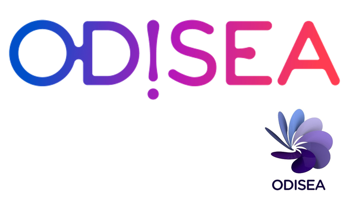 En la parte superior el nuevo logotipo de Odisea, con una llamativa paleta de colores, y abajo a la derecha el logo actual