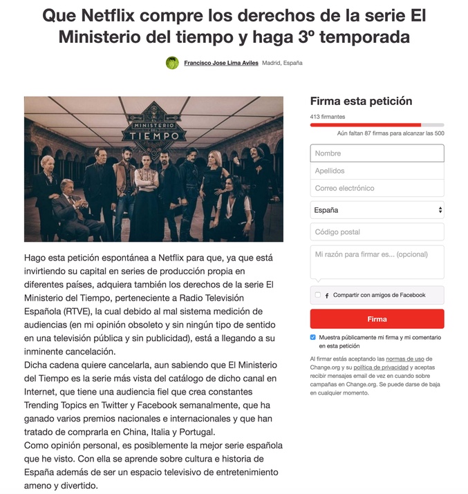 Petición de los seguidores de &#39;el ministerio del tiempo&#39; en Change.org