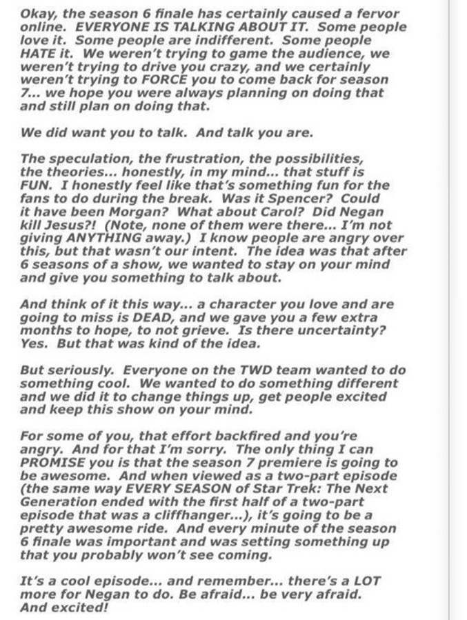 Carta de Robert Kirkman a los fans de 'The Walking Dead'