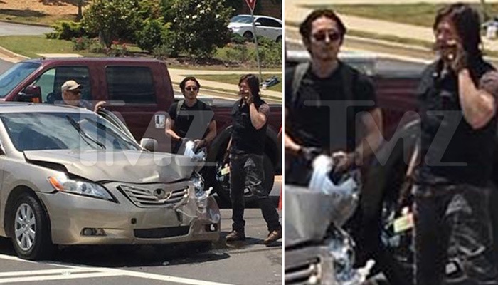 Steven Yeun y Norman Reedus ofreciendo su asistencia a las víctimas de un accidente