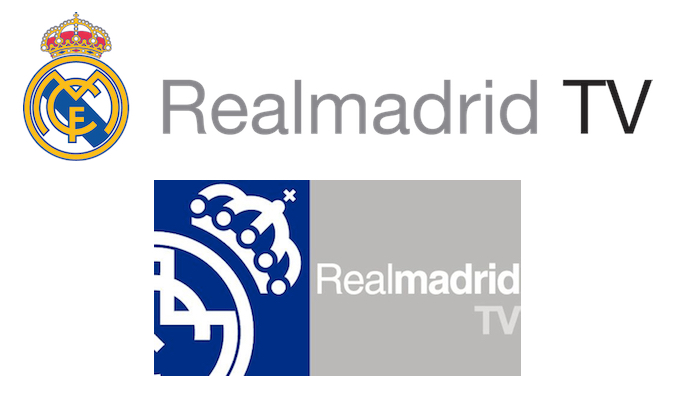 Arriba la nueva imagen de Realmadrid TV y abajo su antiguo logotipo