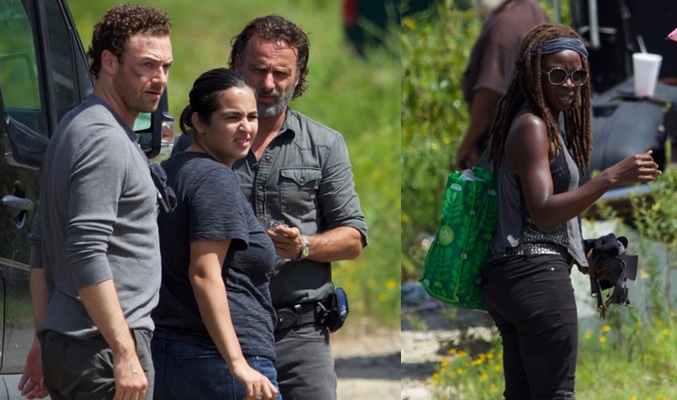 Andrew Lincoln, Ross Marquand y Danai Gurira rondando en el set de 'The Walking Dead'