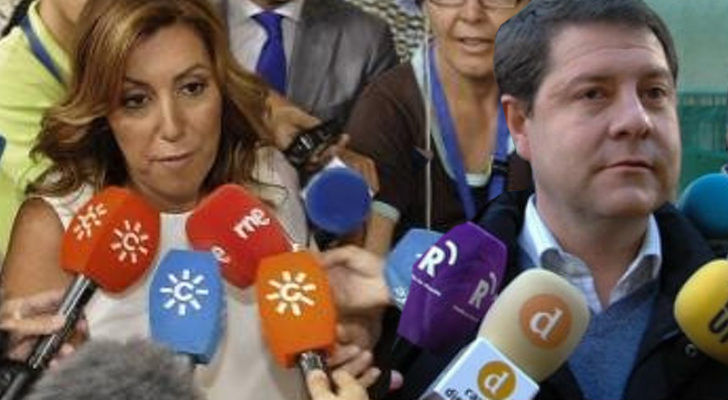 Susana Díaz y Emiliano García-Page rodeados de micrófonos de Canal Sur y TVCM