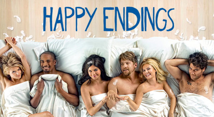 Los protagonistas de 'Happy Endings' tumabos todos en la misma cama