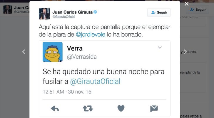 Mensaje publicado por Juan Carlos Girauta en el que relaciona a Jordi Évole con las amenazas recibidas